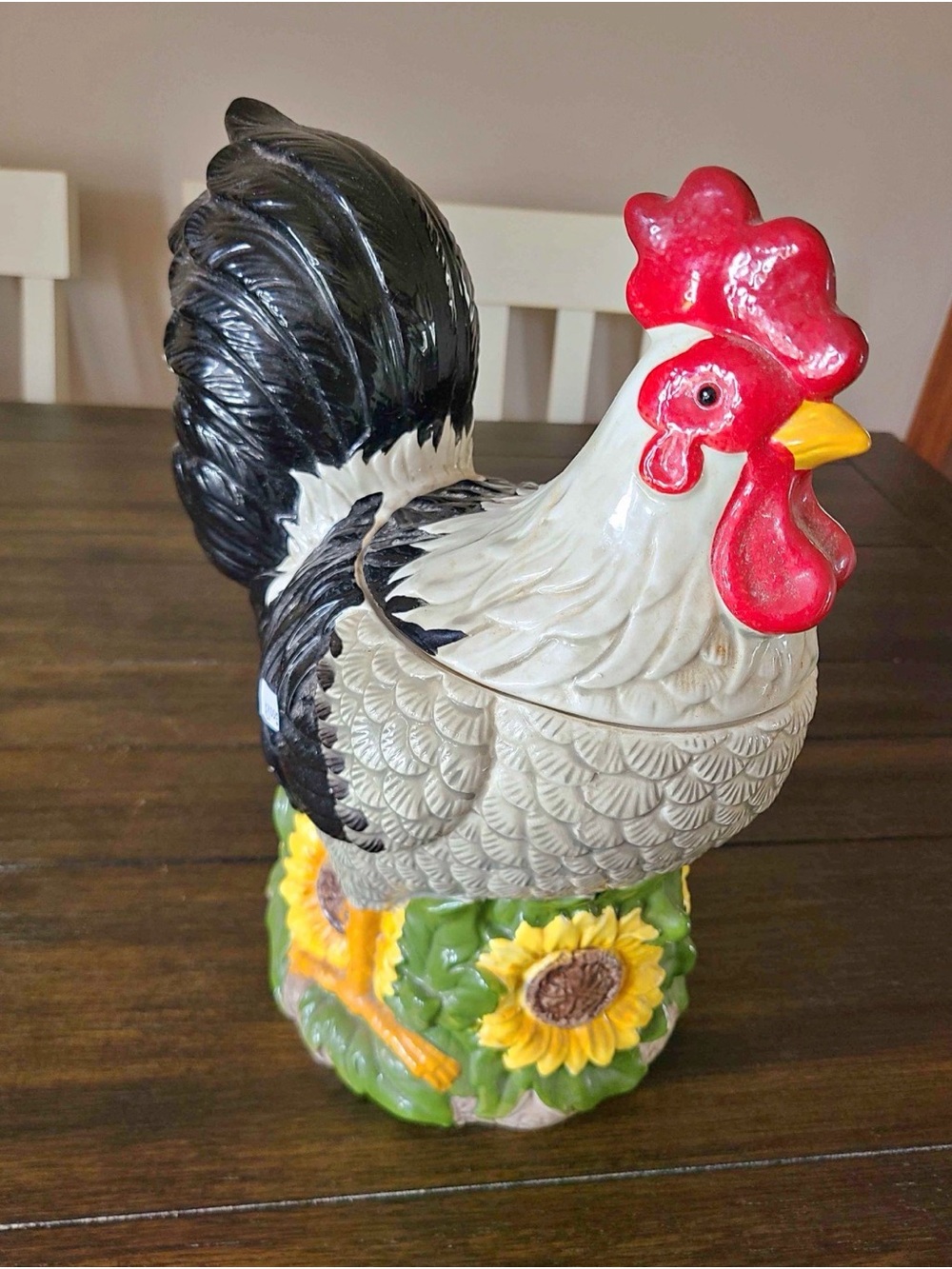 Ceramic Rooster Cookie Jar with Sunflowers - Red, Black, Cream - large